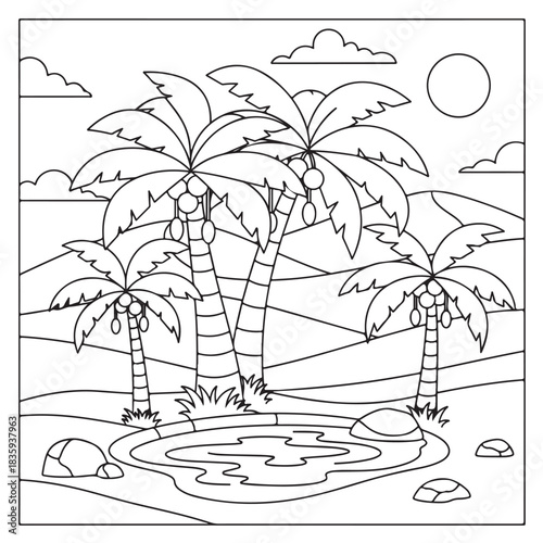 Vibrant tropical oasis scene with lush palm trees bearing coconuts, a serene water pool, and rolling hills under a sunny sky, perfect for creative projects.