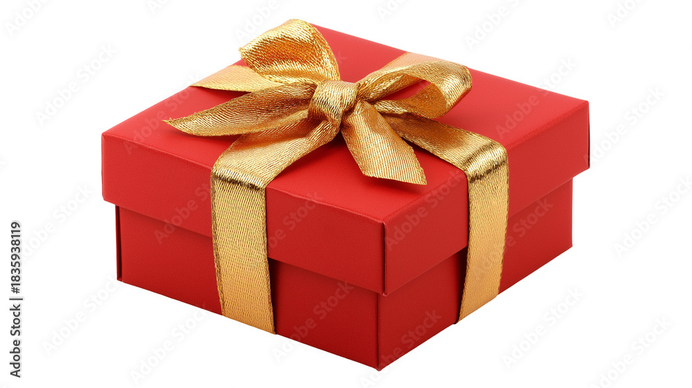 Obraz premium Red Gift Box with Golden Ribbon and Bow on White Background