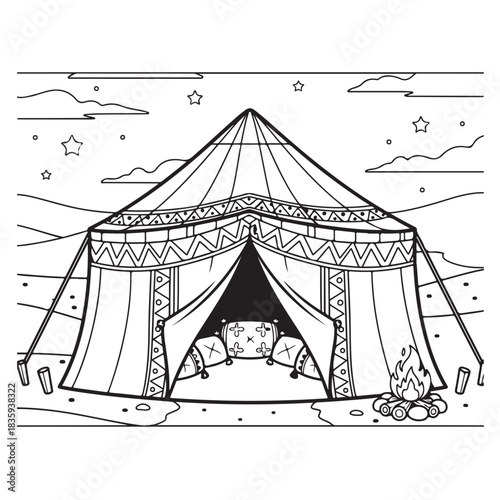 Cozy desert camp scene features a decorated tent with plush pillows inside and a crackling campfire under a starry night sky, perfect for adventure stories.