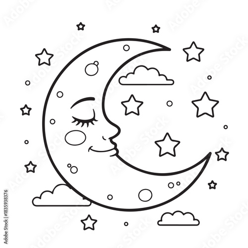 Charming crescent moon with closed eyes and smiling face surrounded by playful stars and soft clouds, perfect for children's stories and dreamy designs.
