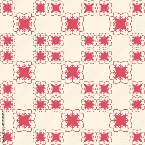 This image is a seamless geometric floral pattern with a repeating, orderly arrangement in shades of reddish-pink and cream.