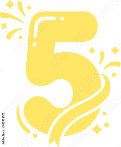 Yellow spring gradient number 5 digit with ribbon and confetti