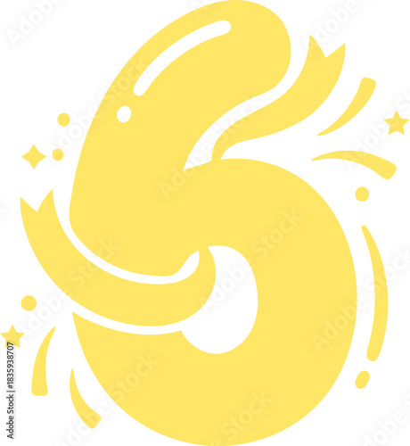 Yellow spring gradient number 6 digit with ribbon and confetti