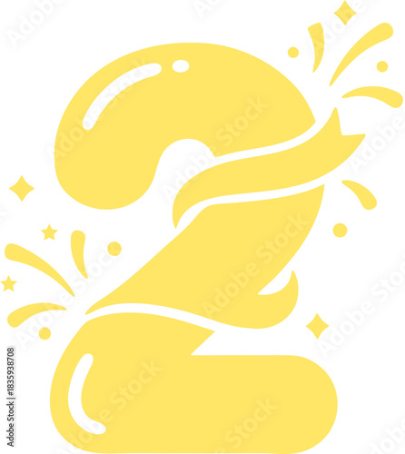 Yellow spring gradient number 2 digit with ribbon and confetti