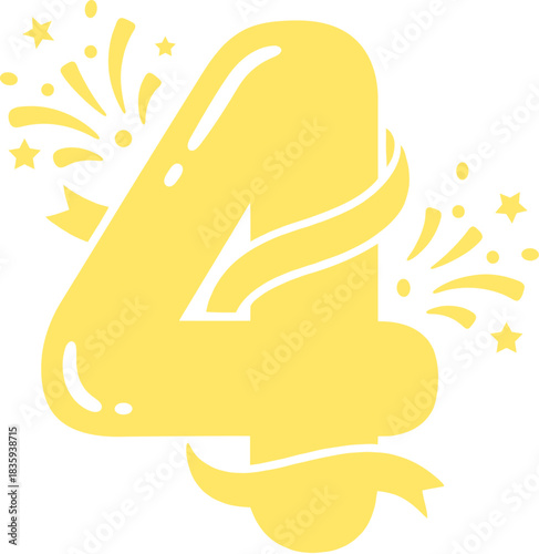 Yellow spring gradient number 4 digit with ribbon and confetti