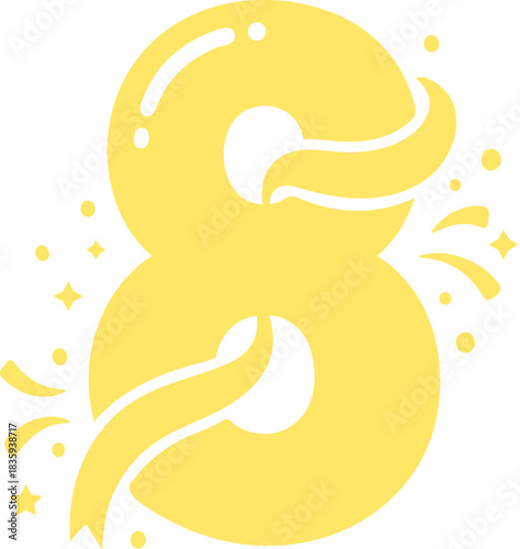 Yellow spring gradient number 8 digit with ribbon and confetti