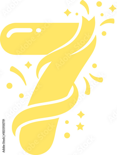 Yellow spring gradient number 7 digit with ribbon and confetti