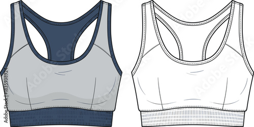 Sports bra illustration, colored and technical views, racerback style, seam details, cad drawing flat vector fashion design