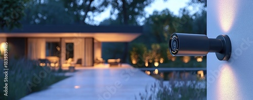 Modern security camera mounted on wall focusing on a modern house with outdoor lights and evening ambiance