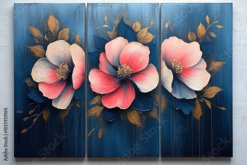 Triptych artwork featuring three large pink and white flowers with dark blue leaves and golden foliage on a textured deep blue background evoking elegance and calmness
