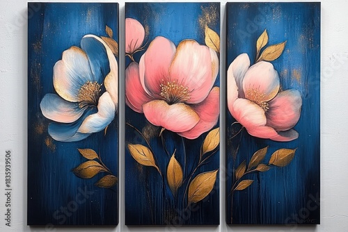 Triptych painting of large pink and white flowers with golden leaves on a deep blue background evoking elegance and calmness