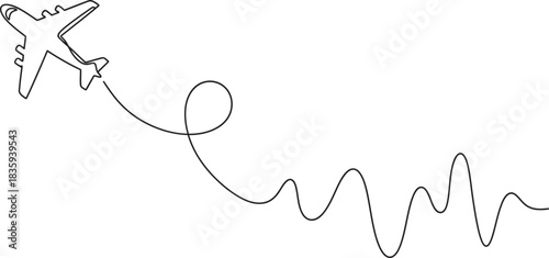 Minimalist continuous line art drawing of an airplane flying with an abstract wavy and looping flight path, symbolizing travel, journey, and freedom on a white background.