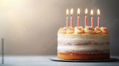 A creamy layered birthday cake with six lit pink striped candles on top and light sprinkles against a soft neutral background, evoking celebration and warmth