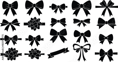 Large set of black silhouette vector icons of various bows and ribbons, extensive collection of decorative elements for gifts and holidays, different bow tie shapes and styles, isolated on white.