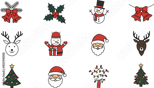 Large vector Christmas holiday collection set, featuring Santa Claus, reindeer, snowmen, holly, festive lights, trees, sweet candy canes, ornaments, and cute wrapped treats, perfect winter season gra