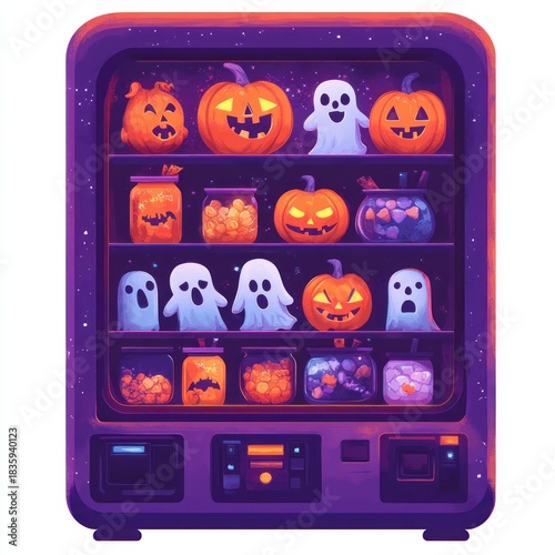 Vending machine filled with Halloween themed items including carved pumpkins, ghost figures, and jars of candy in a glowing purple and orange color scheme