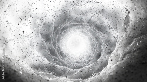Abstract tunnel or vortex with textured, swirling layers and scattered small dark particles, illuminated by a bright central light creating a sense of depth and motion
