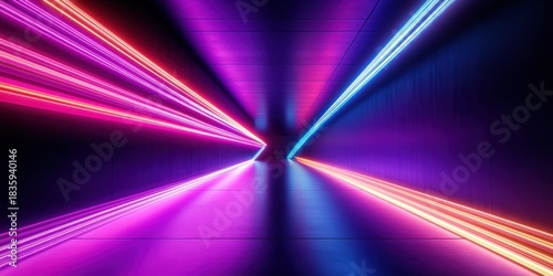 Futuristic corridor illuminated by vibrant pink, purple, blue, and orange neon lights creating a dynamic and immersive glowing atmosphere