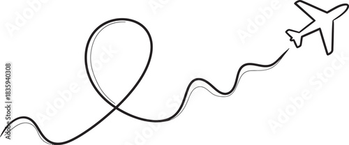 Stylized outline illustration of an airplane with a hand-drawn wavy and looping flight path, symbolizing travel, journey, and aviation concept.