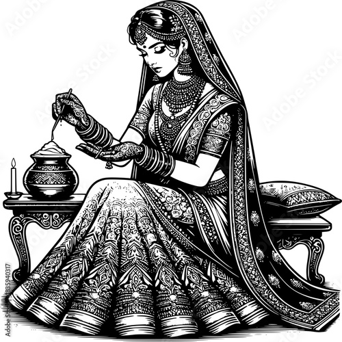 Grace of Tradition: A radiant figure, adorned in the intricate beauty of traditional attire, delicately engages in a ceremonial ritual traditional bhangar  bhangar, indian bhangar.