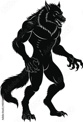 Neon Werewolf Silhouette – Isolated on Transparent Background Black Monster Vector Illustration