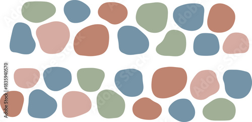 Abstract organic shapes in earthy blue, green, terracotta, and dusty pink tones, create a harmonious and modern pattern on a neutral background.