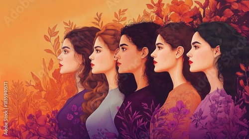 Profile views of five diverse women standing side by side with floral and leafy patterns blending into their hair and clothing, evoking unity and natural beauty