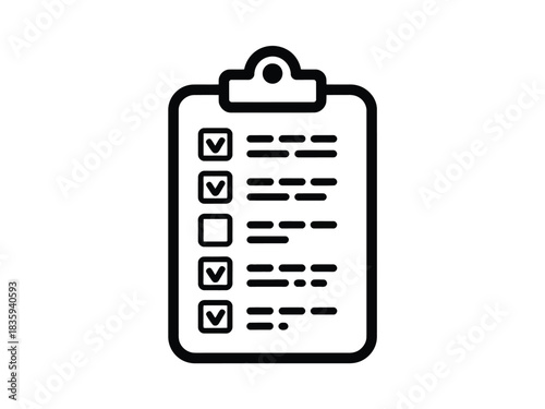 A clipboard with a checklist and checkboxes is shown in a simple outline.