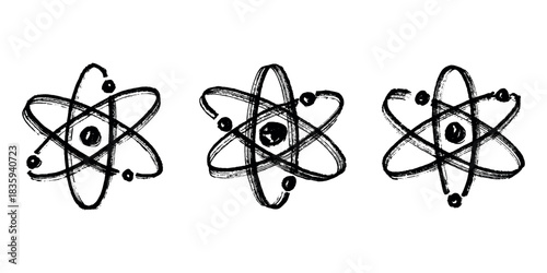 Set of hand drawn atom sign Molecule clipart in doodle style Symbol of science, education, nuclear energy, scientific research, molecular chemistry Single element for print, web, design