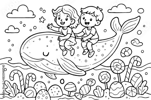 Cute Children Riding Happy Whale in Ocean with Fish and Flowers Coloring Page for Kids Fantasy Adventure Printable Line Art