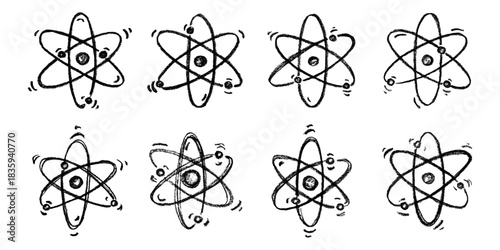 Set of hand drawn atom sign Molecule clipart in doodle style Symbol of science, education, nuclear energy, scientific research, molecular chemistry Single element for print, web, design