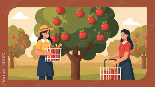 Harvesting ripe apples in an orchard during a beautiful autumn day
