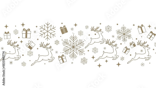 Seamless Golden Reindeer, Snowflakes, and Gift Boxes Holiday Pattern Border