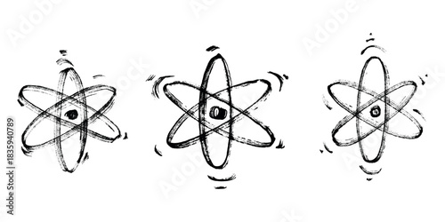 Set of hand drawn atom sign Molecule clipart in doodle style Symbol of science, education, nuclear energy, scientific research, molecular chemistry Single element for print, web, design