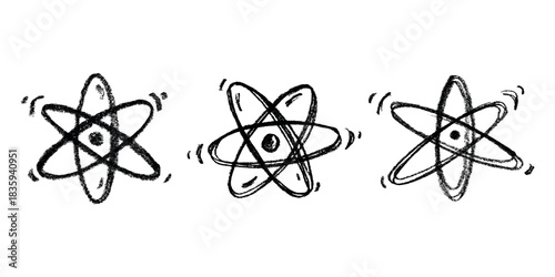 Set of hand drawn atom sign Molecule clipart in doodle style Symbol of science, education, nuclear energy, scientific research, molecular chemistry Single element for print, web, design