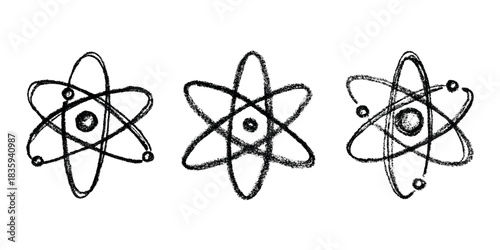 Set of hand drawn atom sign Molecule clipart in doodle style Symbol of science, education, nuclear energy, scientific research, molecular chemistry Single element for print, web, design