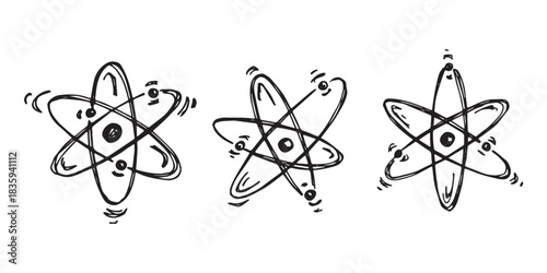 Set of hand drawn atom sign Molecule clipart in doodle style Symbol of science, education, nuclear energy, scientific research, molecular chemistry Single element for print, web, design