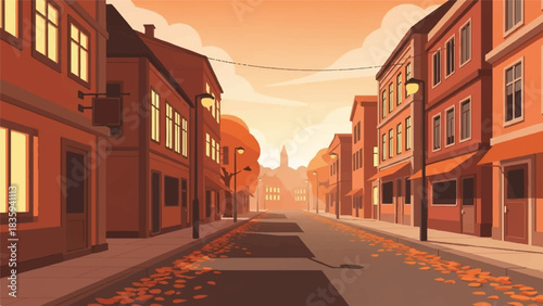Serene autumn evening on a tranquil city street, featuring charming old buildings, warm glowing streetlights, and scattered golden leaves