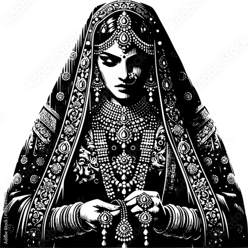 Indian Bride's Grace: An elegant black and white illustration of an Indian bride, adorned in traditional jewelry and attire, embodying grace and cultural richness. traditional bhangar. indian bhangar 