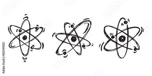 Set of hand drawn atom sign Molecule clipart in doodle style Symbol of science, education, nuclear energy, scientific research, molecular chemistry Single element for print, web, design