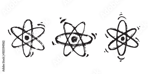 Set of hand drawn atom sign Molecule clipart in doodle style Symbol of science, education, nuclear energy, scientific research, molecular chemistry Single element for print, web, design