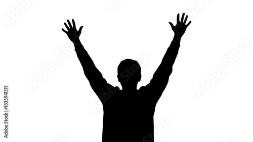 Person silhouette with arms raised celebrating achievement on white background isolated on white background, Vector