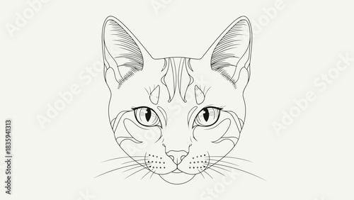 Detailed line art illustration of a domestic cat's head, symmetrical view isolated on white background, Vector