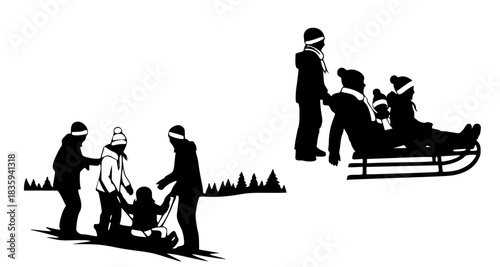happy family playing and sledding in the snow on a winter day