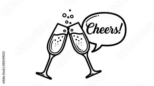 Champagne flutes clinking toast with cheers speech bubble graphic design isolated on white background, Vector