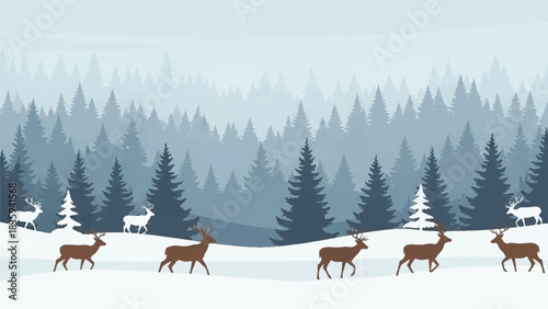 Minimalist vector art serene winter forest landscape with deer gracefully walking through a snow-covered woodland scene