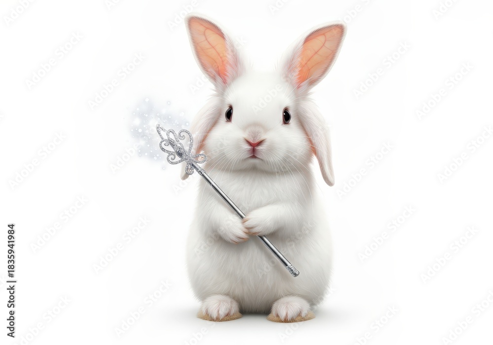 Fototapeta premium Cute white rabbit holding a magic wand with sparkles on a bright background
