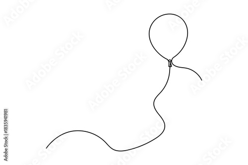 Continuous line drawing of an isolated helium party balloon with a long wavy string, minimalist vector art on white.