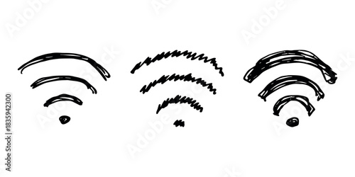 Set of hand drawn free wifi spot zone sign Public wi-fi area sign Wireless internet clipart in doodle style Single element for print, web, design, decor 3G, 4G, 5G, 6G, IoT