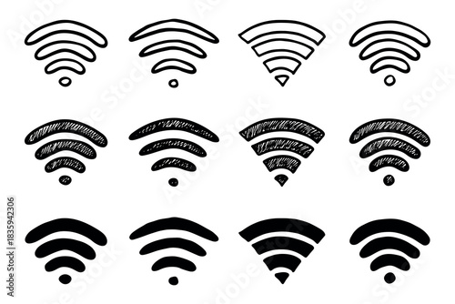 Set of hand drawn free wifi spot zone sign Public wi-fi area sign Wireless internet clipart in doodle style Single element for print, web, design, decor 3G, 4G, 5G, 6G, IoT